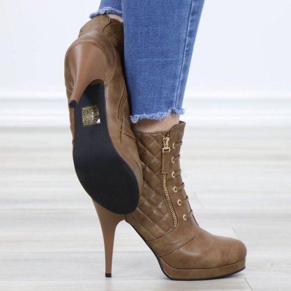 Khaki Platform High Heel Boots Light Fur inside - Picture 2 of 12